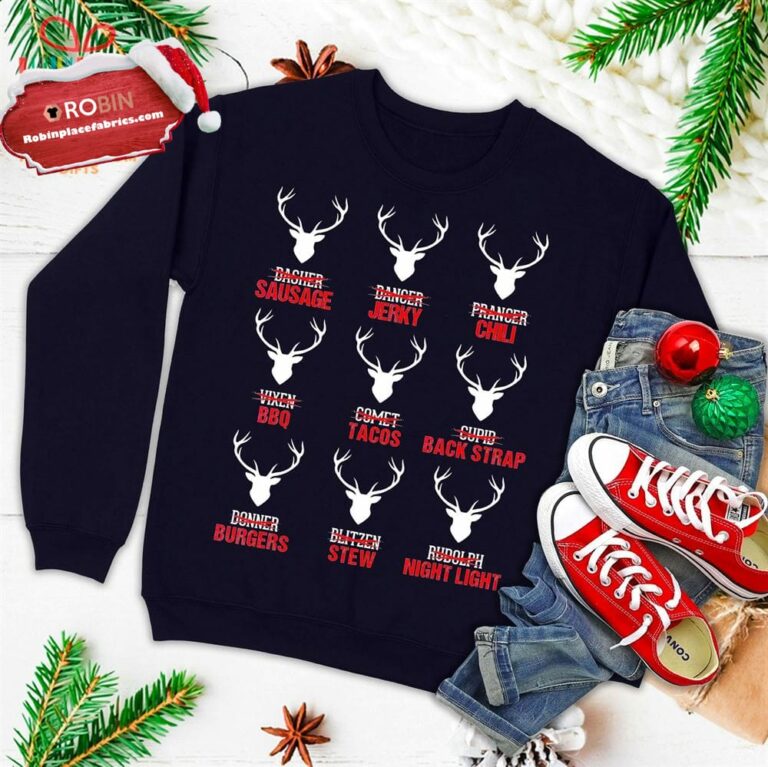 Funny Christmas Reindeer Hunter Deer Meat Hunting Gifts Ugly Christmas Sweatshirt