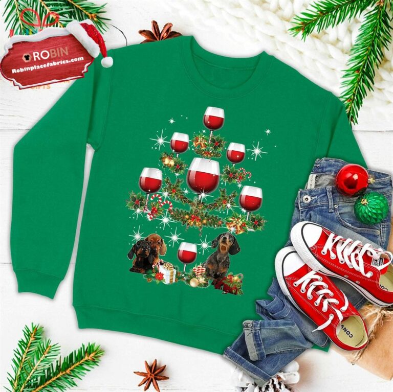 Funny Dachshund Christmas Wine Tree Xmas Tee Ornament Decor Ugly Christmas Sweatshirt