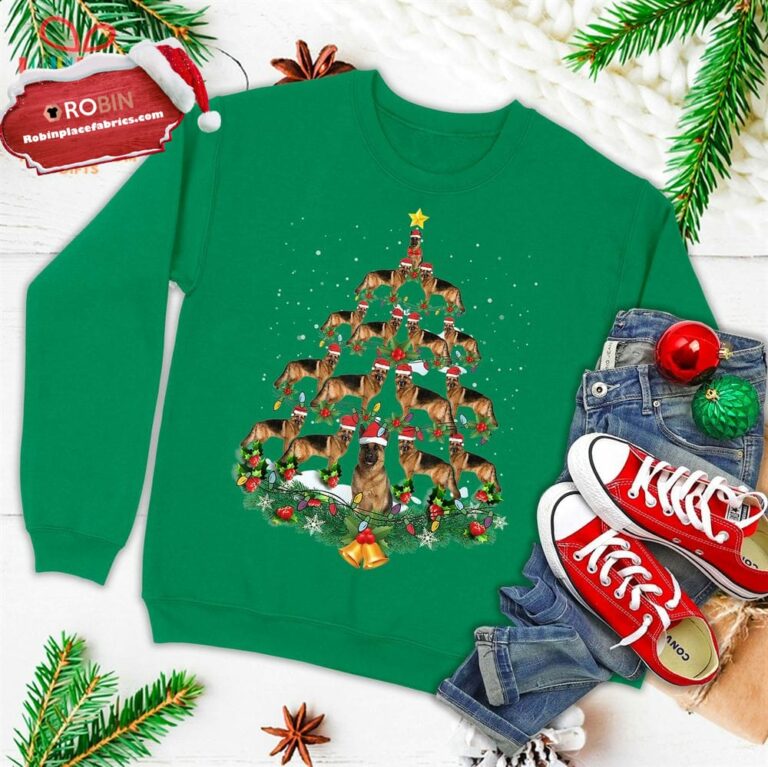 German Shepherd Dog Christmas Tree Lights Santa Hat Ugly Christmas Sweatshirt