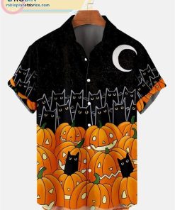 Halloween black cat and pumpkin Casual Short Sleeve Hawaiian Shirts