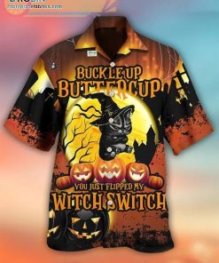 Halloween Black Cat Buckle Up Buttercup Casual Short Sleeve Hawaiian Shirts