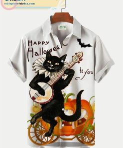 halloween black cat contrast stripe print hawwaiian shirt 174 NCudE