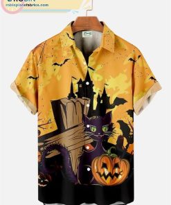 halloween black cat pumpkin print seekers wrinkle free casual short sleeve hawaiian shirts 173 PApzK