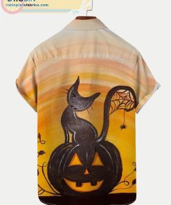 Halloween Black Cat Pumpkin Print Seersucker Wrinkle Free Short Sleeve Shirt