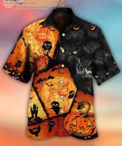 Halloween Owl Pumpkin Horror Print Casual Short Sleeve Hawaiian Shirts
