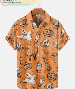 Halloween Pumpkin And Ghost Print Casual Short Sleeve Hawaiian Shirts