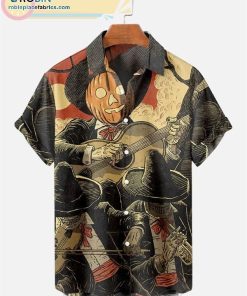 Halloween Pumpkin And Skull Band Print Short Sleeve Shirt