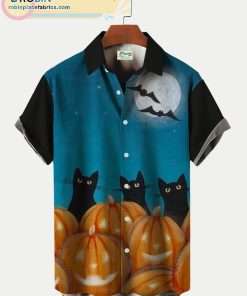 halloween Pumpkin Black Cat Print Short Sleeve Casual Short Sleeve Hawaiian Shirts