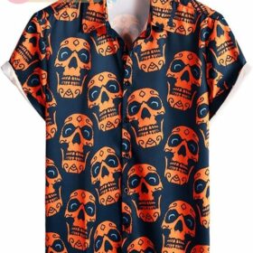 Men's Rockabilly Skull Button-Down Shirt - Hot Rod Style Short-Sleeve Halloween & Casual Shirt
