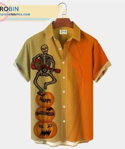 Halloween Skull Music Pumpkin Print Seersucker Wrinkle Free Short Sleeve Casual Short Sleeve Hawaiian Shirts