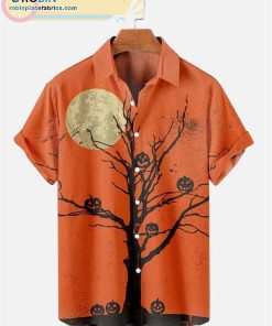 Halloween Tree and Pumpkin Print Short Sleeve Shirt