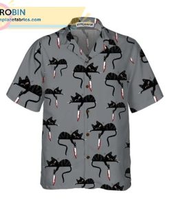 Happy Halloween Black Cat With Knife On Gray Background Casual Short Sleeve Hawaiian Shirts