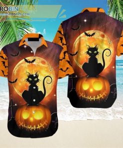 Happy Halloween With Black Cat Casual Short Sleeve Hawaiian Shirts