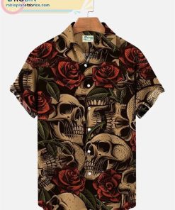 Holiday Short Sleeve Hawaiian Shirts Skull Floral Wrinkle Free Casual Short Sleeve Hawaiian Shirts