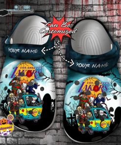 Halloween Clogs – Personalized Los Angeles Lakers Horror Friends Van With Clown Retro Scary Movie Villains Crocs Shoes