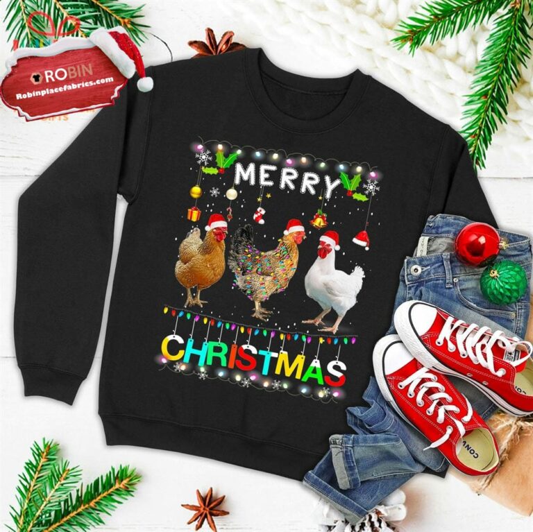 Merry Christmas Chicken Shirt Santa Hat Lights Xmas Funny Ugly Christmas Sweatshirt