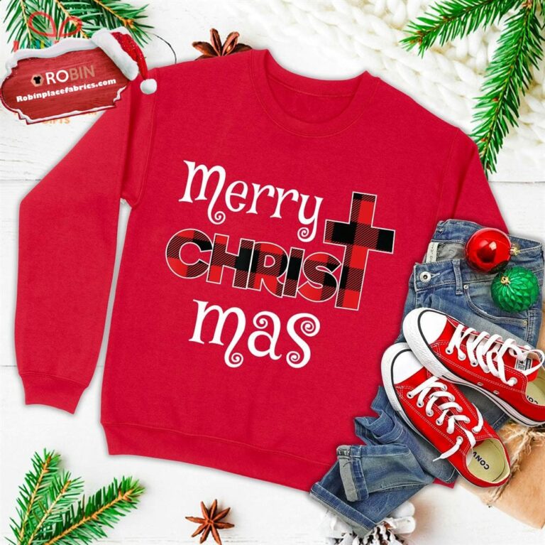 Merry Christmas Shirt Christians Gifts Buffalo Plaid Pajamas Ugly Christmas Sweatshirt