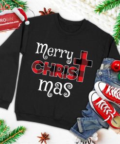 Merry Christmas Shirt Christians Gifts Buffalo Plaid Pajamas Ugly Christmas Sweatshirt