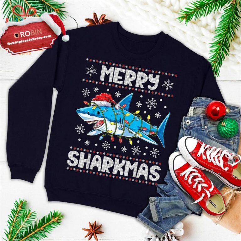 Merry Sharkmas Shark Santa Ugly Christmas Lights Boys Xmas Ugly Christmas Sweatshirt