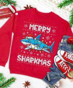 Merry Sharkmas Shark Santa Ugly Christmas Lights Boys Xmas Ugly Christmas Sweatshirt