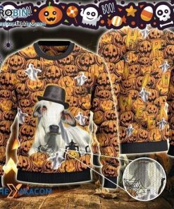 Merry Xmas Creepy Brahman Cattle Lovers Halloween Pumpkin Ugly Sweater