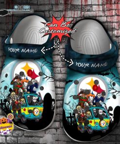 Halloween Clogs – Personalized Pittsburgh Steelers Horror Friends Van With Clown Retro Scary Movie Villains Crocs Shoes