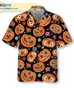 Pumpkin Flower Halloween Theme Casual Short Sleeve Hawaiian Shirts Pumpkin Flower Halloween Theme Casual Short Sleeve Hawaiian Shirts