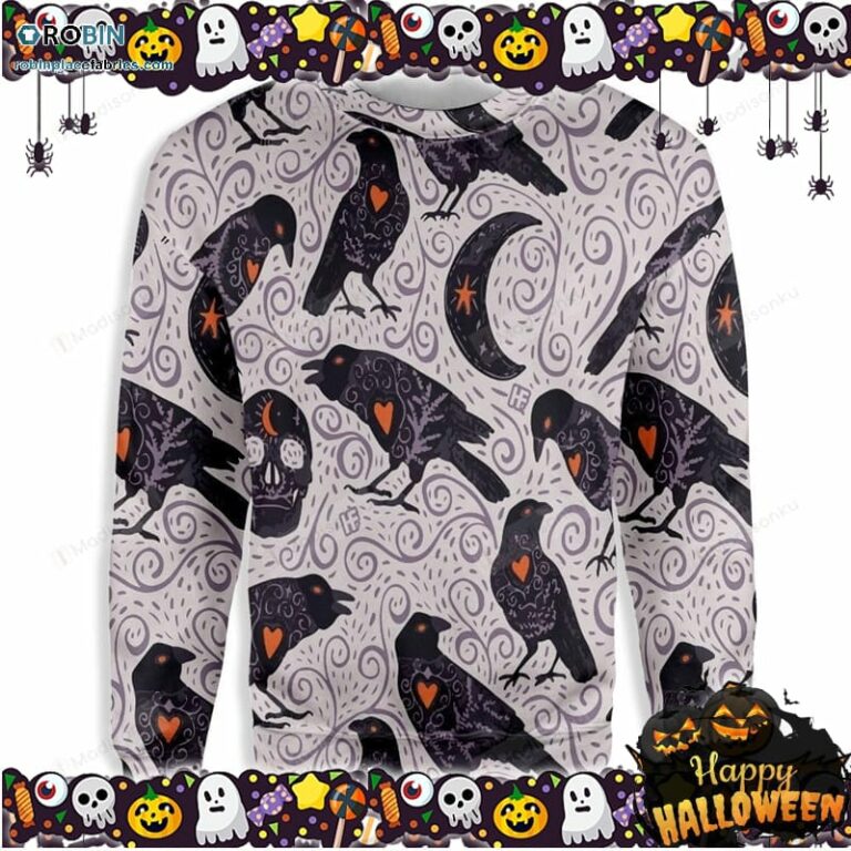 Raven And Skull Halloween Ugly Sweater