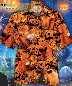 Red Angus Cattle Lovers Halloween Pumpkin Casual Short Sleeve Hawaiian Shirts