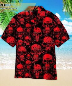 Red Horor Skull Looking For Halloween Casual Short Sleeve Hawaiian Shirts