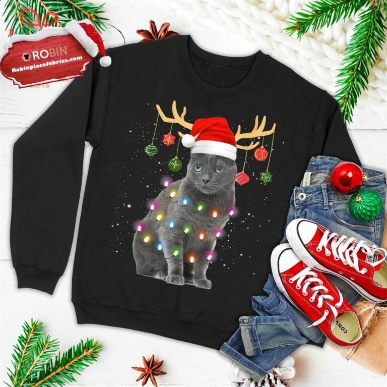 Reindeer Nebelung Cat Santa Christmas Light Xmas Nebelung Ugly Christmas Sweatshirt