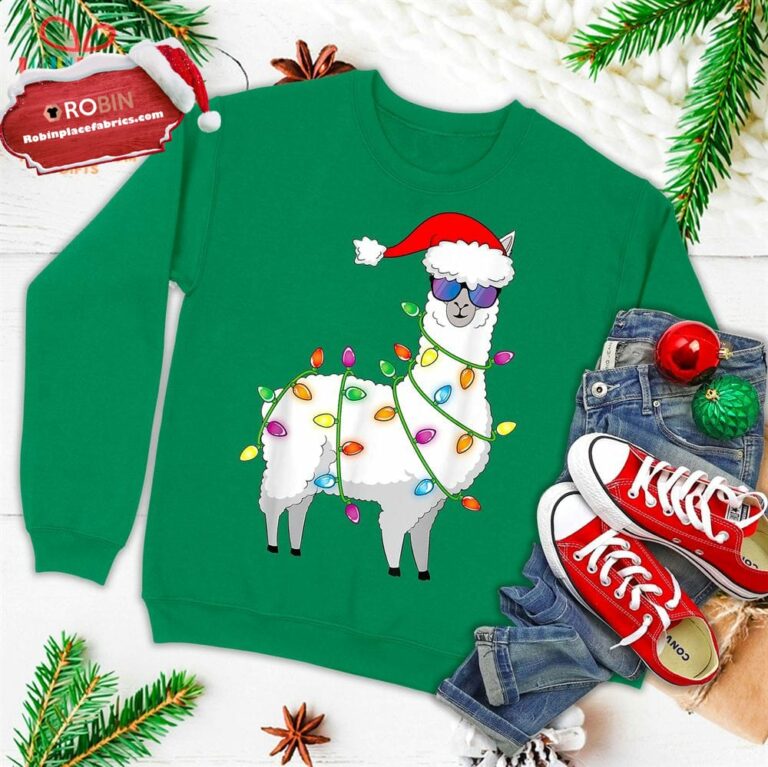 Santa Llama Shirt Funny Christmas Tree Lights Llama Xmas Ugly Christmas Sweatshirt