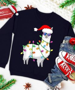 Santa Llama Shirt Funny Christmas Tree Lights Llama Xmas Ugly Christmas Sweatshirt