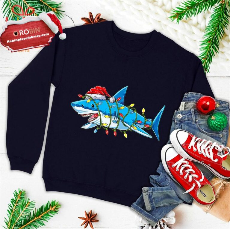 Santa Shark Christmas Lights Funny Boys Sharkmas Xmas Gifts Ugly Christmas Sweatshirt