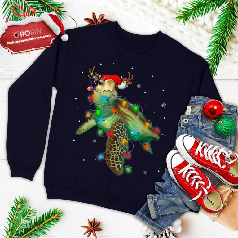 Sea Turtle Christmas Lights Funny Santa Hat Merry Christmas Ugly Christmas Sweatshirt