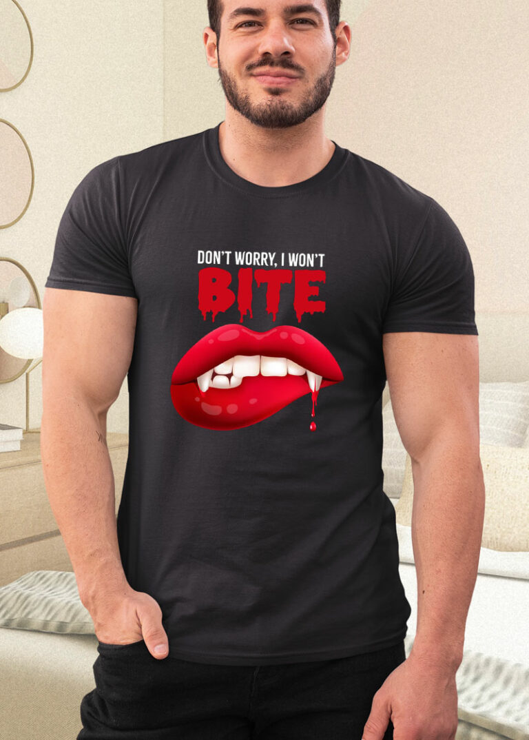 Sexy Vampire Fangs Red Lips I won?t bite Halloween Costume Funny Halloween Shirt