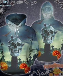 Skull In Zombie Hand Cemetery Halloween Blue 3D All-Over Print Unisex Hoodie