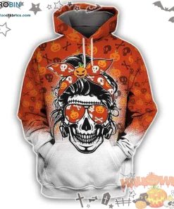 Skull Messy Bun Pumpkin Halloween Orange White 3D All-Over Print Unisex Hoodie
