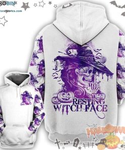 Skull Scary Witch Resting Witch Face Halloween White Purple 3D All-Over Print Unisex Hoodie