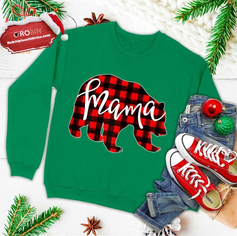 Womens Red Plaid Mama Bear Shirt Matching Pajama Family Buffalo Mom Ugly Christmas Sweatshirt