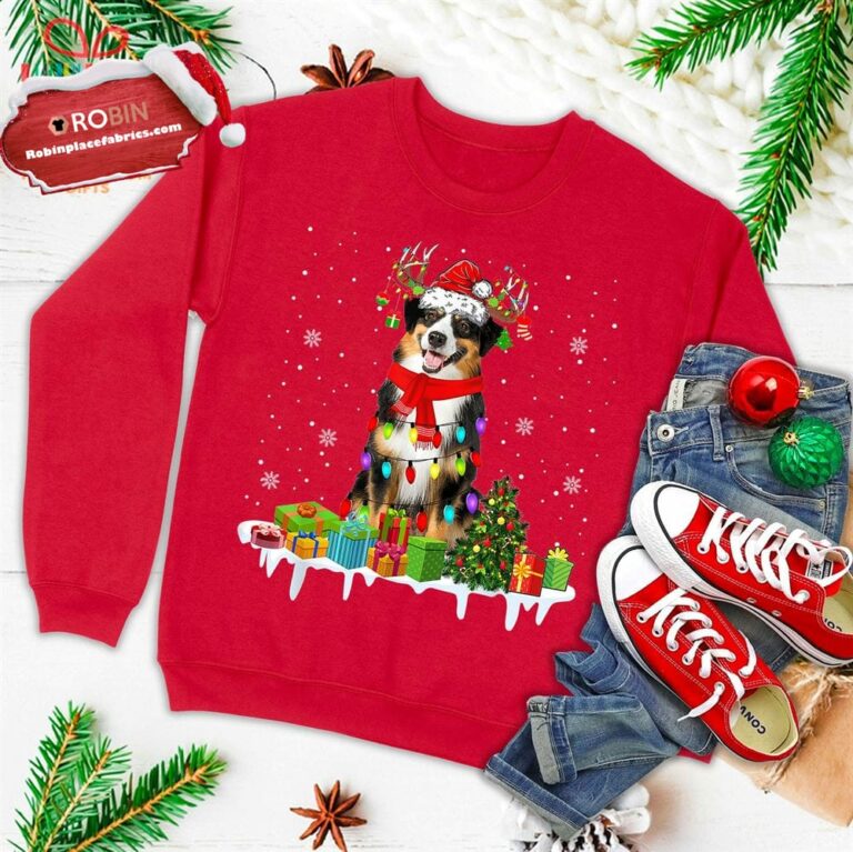Xmas Australian Shepherd Christmas Lights Santa Reindeer Dog Ugly Christmas Sweatshirt