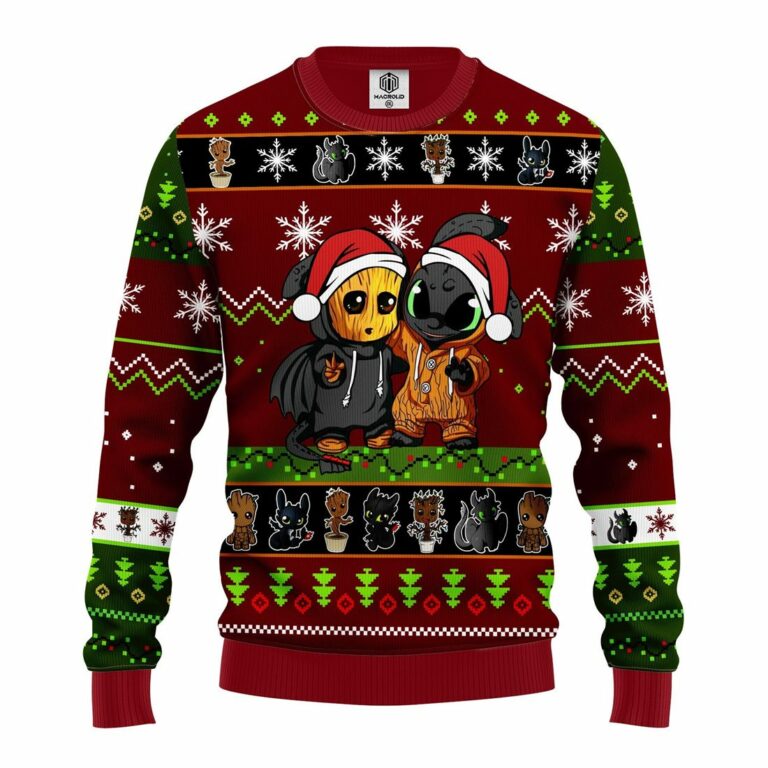 Baby Groot And Toothless Unicorn Christmas Sweater Brown Green