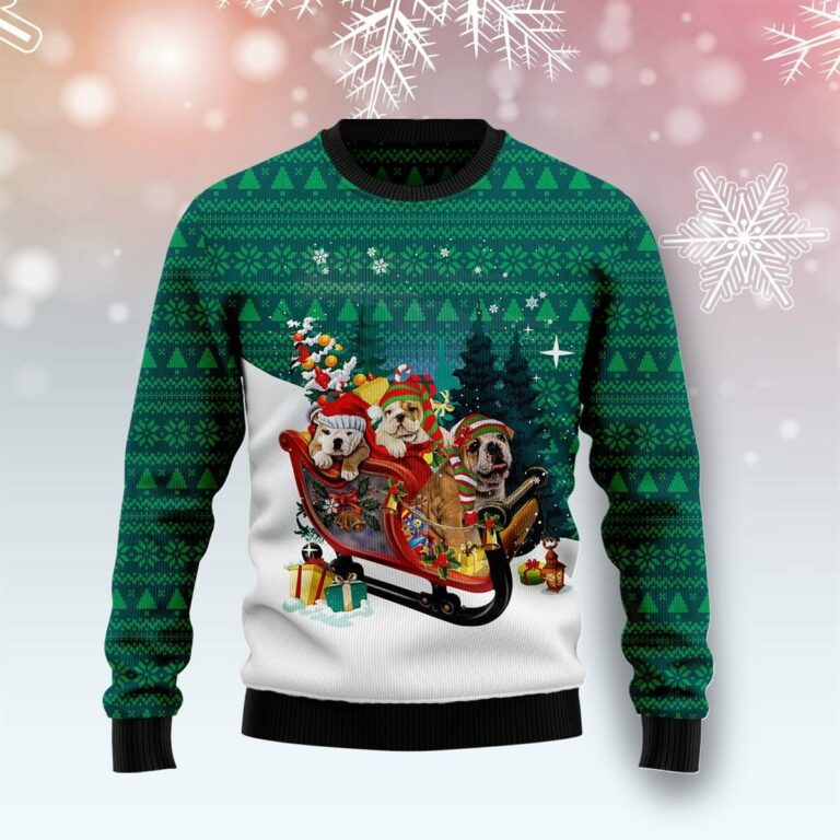 Christmas Bulldog Sleigh Christmas Ugly Sweatshirt, Sweater