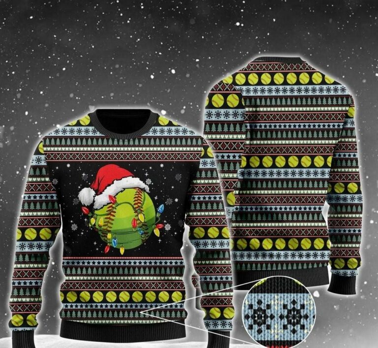 Christmas Softball Ball Santa Hat Christmas Ugly Sweatshirt, Sweater