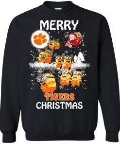 clemson tigers minion ugly christmas sweaters santa claus with sleigh sweatshirt 3 cKKaS
