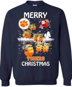 clemson tigers minion ugly christmas sweaters santa claus with sleigh sweatshirt 4 OLF4O