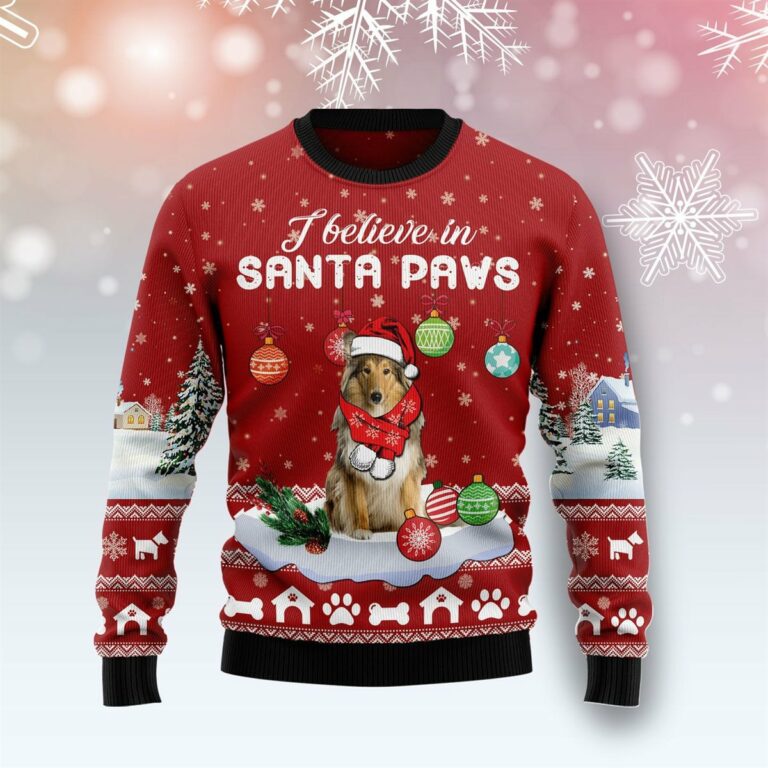 Collie I Believe In Santa Paws Christmas Ugly Sweatshirt, Sweater