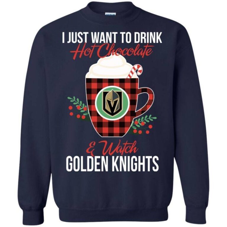 Drink Hot Chocolate & Watch Vegas Golden Knights Ugly Christmas Sweatshirt