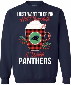 i just want to drink hot chocolate watch carolina panthers ugly christmas sweatshirt 1 0Ym0W