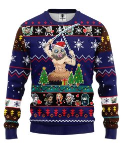 inosuke hashibira demon slayer anime ugly christmas sweater blue 1 Uyzpp